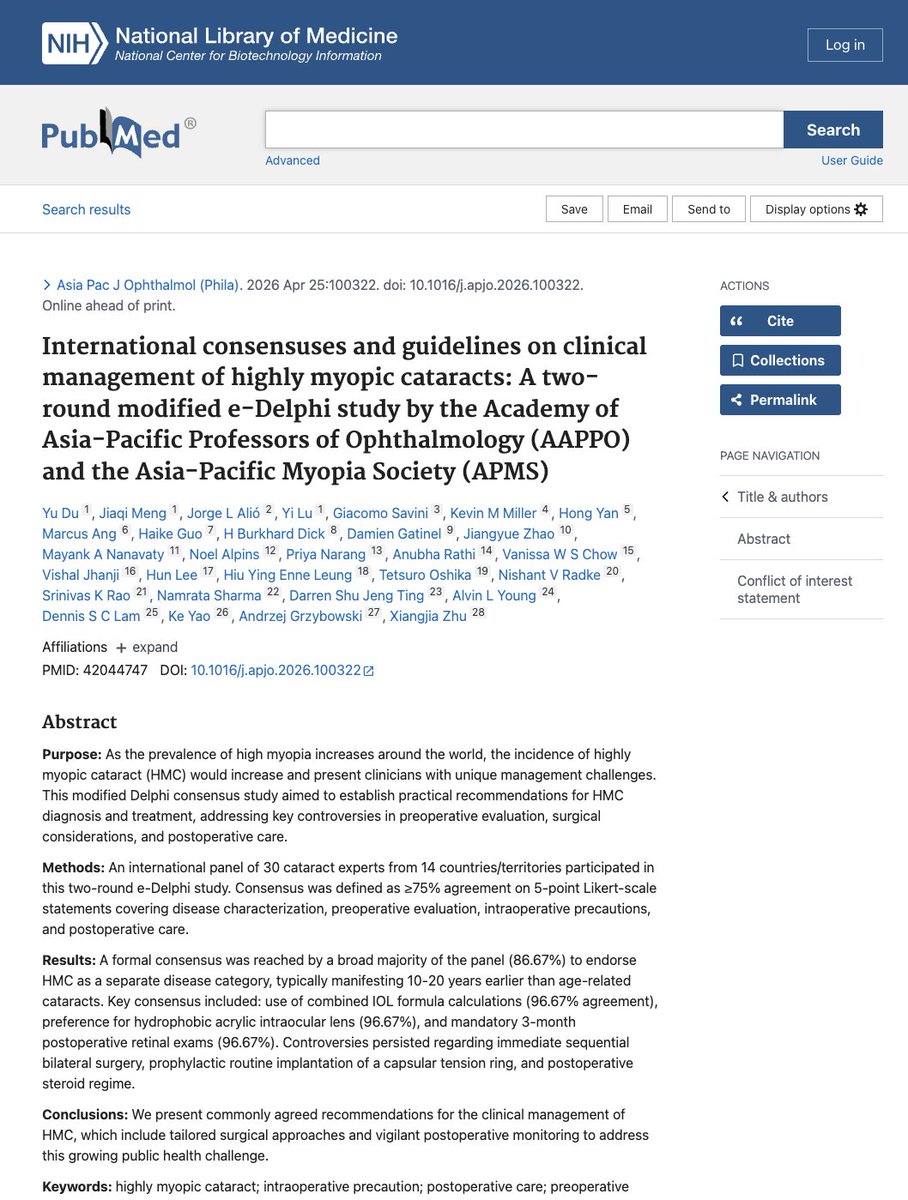 NanavatyMA's tweet image. Pleased to see this publication of our consensus paper: "International Consensuses and Guidelines on Clinical Management of Highly Myopic Cataracts" — a two-round modified e-Delphi study. Full text: sciencedirect.com/.../pii/S21620…... 
#cataractsurgery #highmyopia #ophthalmology