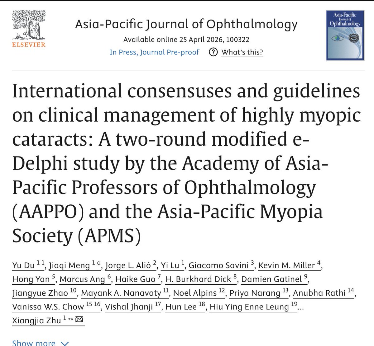 NanavatyMA's tweet image. Pleased to see this publication of our consensus paper: "International Consensuses and Guidelines on Clinical Management of Highly Myopic Cataracts" — a two-round modified e-Delphi study. Full text: sciencedirect.com/.../pii/S21620…... 
#cataractsurgery #highmyopia #ophthalmology