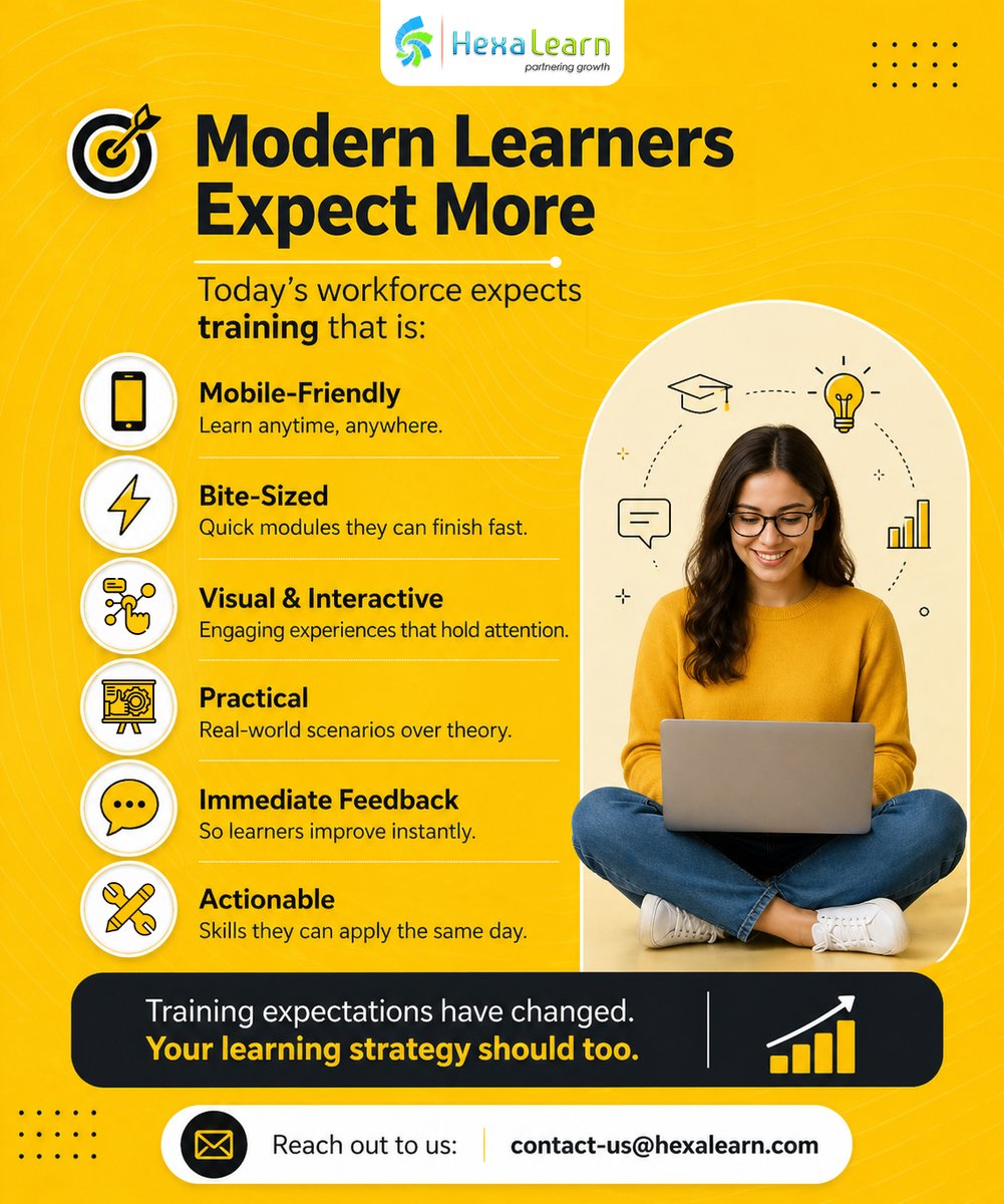 HexaLearn's tweet image. Organizations that modernize learning strategies drive stronger engagement and better outcomes.

At HexaLearn, we design learning for today’s workforce.
📩 contact-us@hexalearn.com

#HexaLearn #LearningAndDevelopment #CorporateTraining #eLearning #WorkplaceLearning