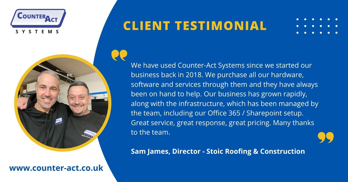 CounterActSys's tweet photo. #TestimonialTuesday

We love hearing how we support our clients! 💻 

Here’s what Sam James from Stoic Roofing said: "Counter-Act Systems has been with us since 2018. Their team has managed our growth &amp; IT setup smoothly. Great service and pricing!" 

🌐 https://t.co/nNjMIjt11w https://t.co/RpkpS8888v