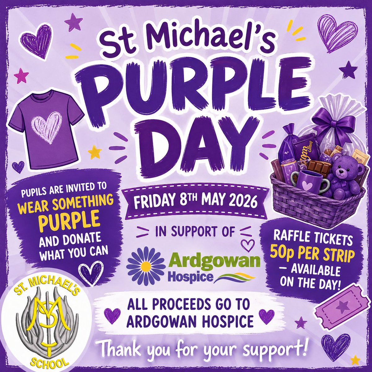 SMPG1964's tweet photo. 💜 St Michael’s Purple Day 💜

Friday 8th May

Our Learner Council invite you to wear something purple and donate what you can to support @ArdgowanHospice 

Raffle on the day – tickets 50p per strip.

Thank you for your support 💜 https://t.co/dRZPCmX2Ig