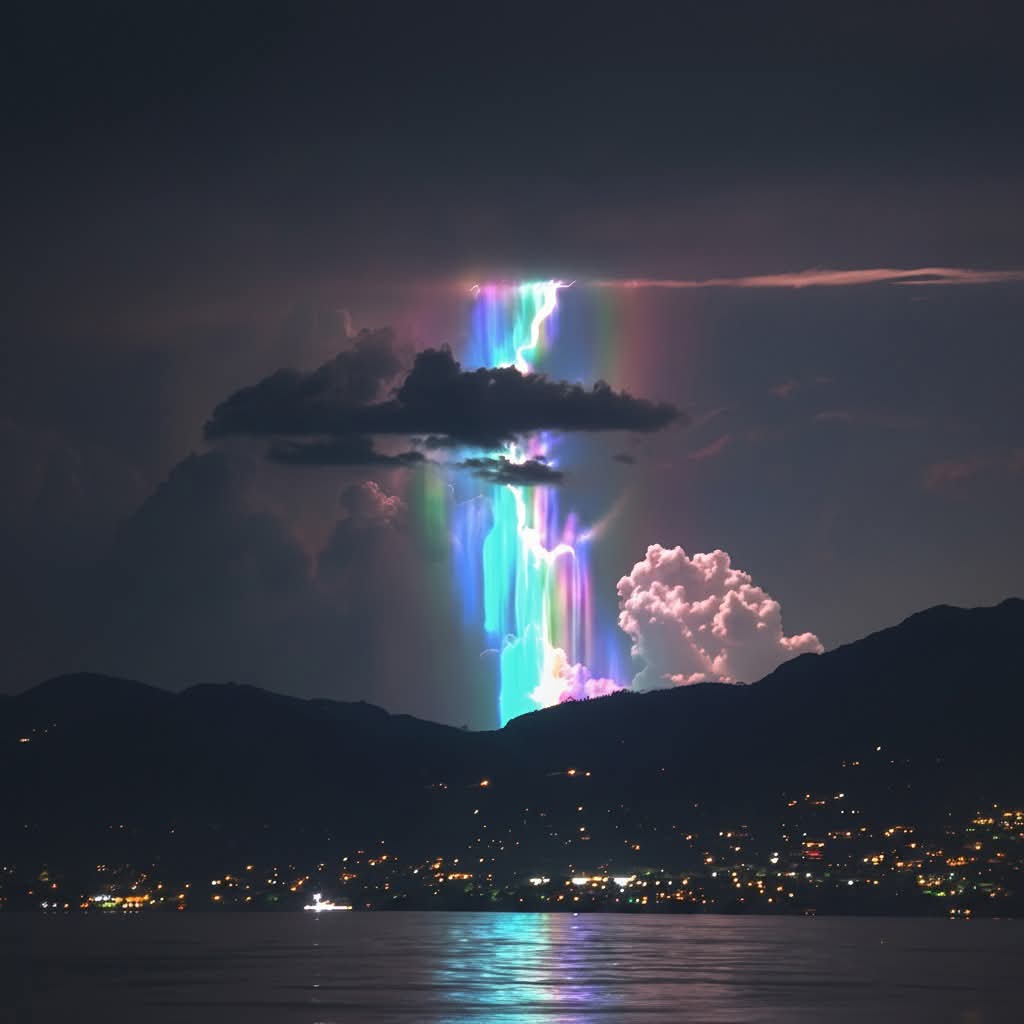 Dramatic Thunderstorm with a vibrant, rainbow-colored light effect appearing behind the clouds over a coastal city.