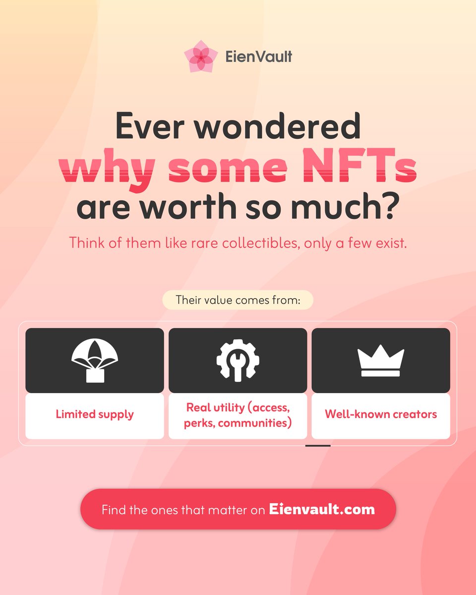 eienvault_nft's tweet image. Some NFTs stand out for a reason.
Behind every high value is a mix of scarcity, real use, and credibility.

The real question is, do you know how to spot them?

🪷Our Website:
eienvault.com

🪷Telegram Community:
bit.ly/EienVault-NFT-…

#nft #nfts