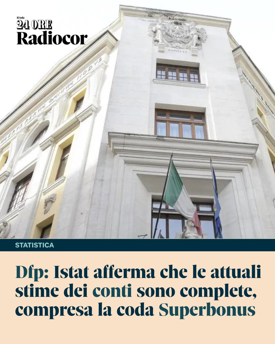 24ORERadiocor's tweet photo. ➡️ In audizione sul Dfp, l’#Istat afferma che le attuali stime dei conti sono complete, compresa la coda #Superbonus. L’intervento del presidente Francesco Maria Chelli sottolinea che l’Istituto segue i regolamenti europei. 🔗Qui la notizia: https://t.co/5JJ9xX7tdT https://t.co/8liPWnGJ3v