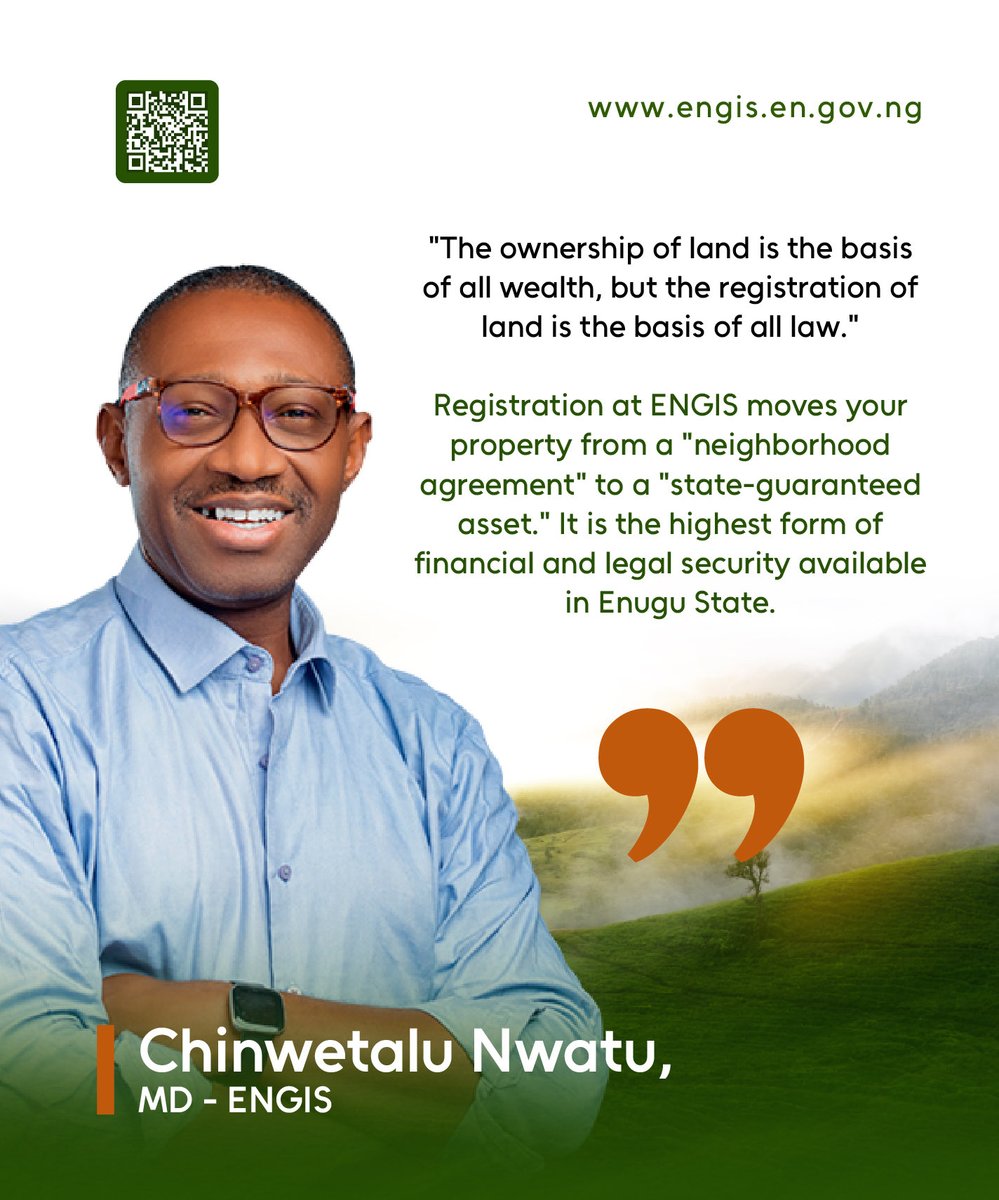 ENGIS_official's tweet photo. A "handshake" doesn't protect your land, but a state guarantee does.

Owning land is how you build wealth, but registering it is how you keep it. Without a title, at ENGIS, your property is just a "neighbourhood agreement." With us, it’s a legal fortress that nobody can touch.

We’re moving Enugu’s land records from dusty paper to a secure digital vault. It’s the safest way to protect your money and your family’s future.

Don’t just buy land, secure it.