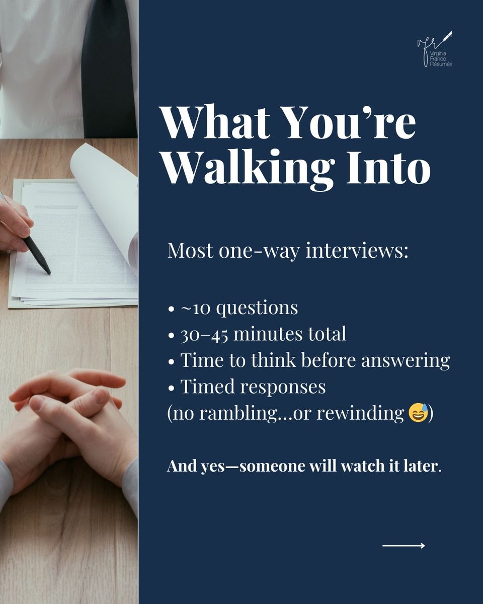 VAFrancoResumes's tweet image. One-way video #interviews can feel unfamiliar.
No interviewer. Just prompts and a timer.

But once you understand the format, they’re very manageable.

Focus on:
• clear, structured answers
• natural delivery

Read the guide: bit.ly/4viXtny 

#AIHiring #aiinterviews