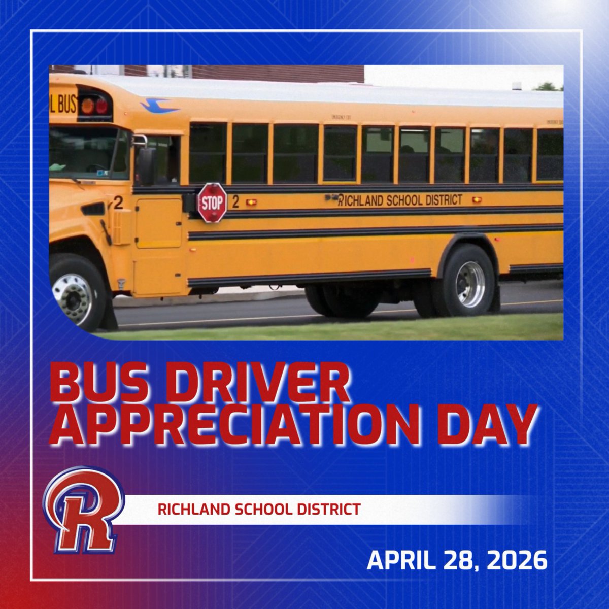 Today we're celebrating the heart of our transportation team. Happy Bus Driver Appreciation Day to everyone at Richland School District! Thank you for the countless miles, the early mornings, and for making sure our students arrive safely. 

We appreciate you!