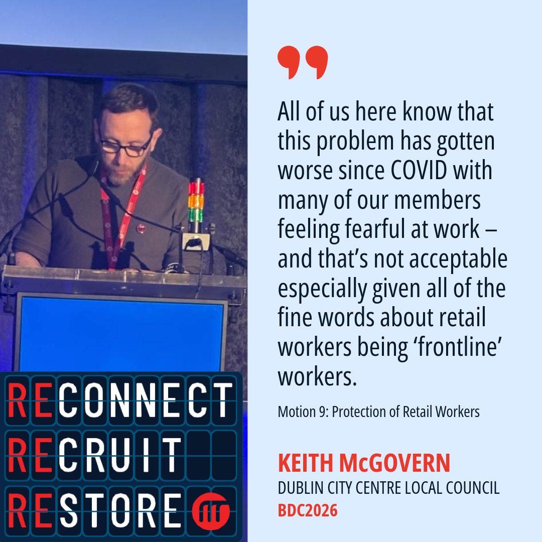 MandateTU's tweet photo. 🛑 Abuse is not part of the job!

Mandate Dublin City Centre local council member Keith McGovern speaking on Motion 9: Protection of Retail Workers at the biennial delegate conference today. 

#MandateBDC26 #RespectRetailWorkers https://t.co/IPoMwapUel