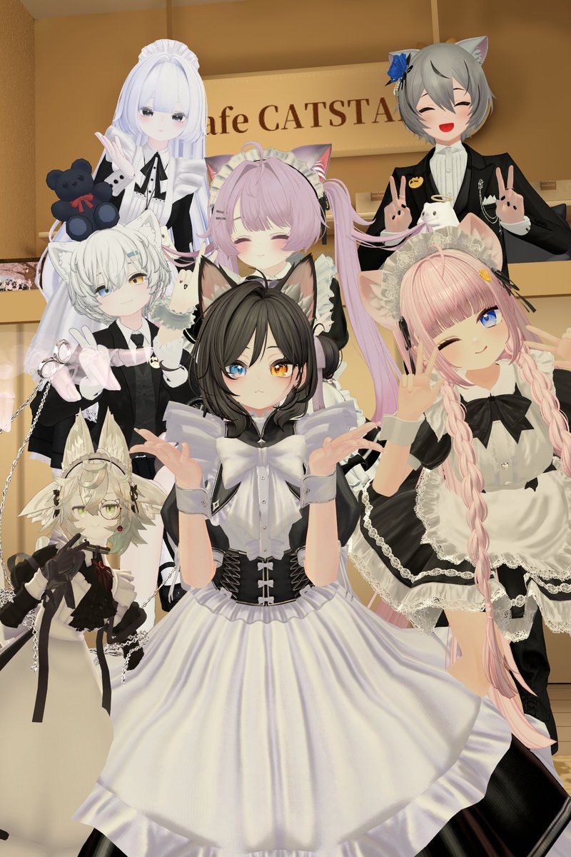 oniku_umai_na's tweet photo. 眠たい眠たい…であまり運動に参加できなかったり、のっそりしていますが、個性豊かなメイドさんがお手伝いして下さっています！ご主人さまもメイドさんも執事くんもいつもありがとうございます。この後も遊びましょう…♡
#VRCキャッツテール https://t.co/ZtfaAWlnZ5