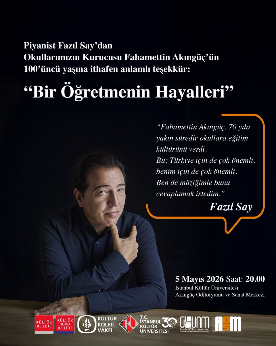 IKUedu's tweet photo. Dünyaca ünlü Piyanist Fazıl Say, yeni albüm turnesi Çılgın Nar Ağacı’nın ilk konseri kapsamında 5 Mayıs’ta Akıngüç Oditoryumu ve Sanat Merkezinde vereceği konserde; Kurucumuz ve Onursal Başkanımız İnş. Yük. Müh. Sayın Fahamettin Akıngüç’ün 100’ncü Yaşına ithafen bestelediği “Bir Öğretmenin Hayalleri” isimli eseri çalacak.

https://t.co/S1aktu9vIW

@fsayofficial 
@fazilsaymusic