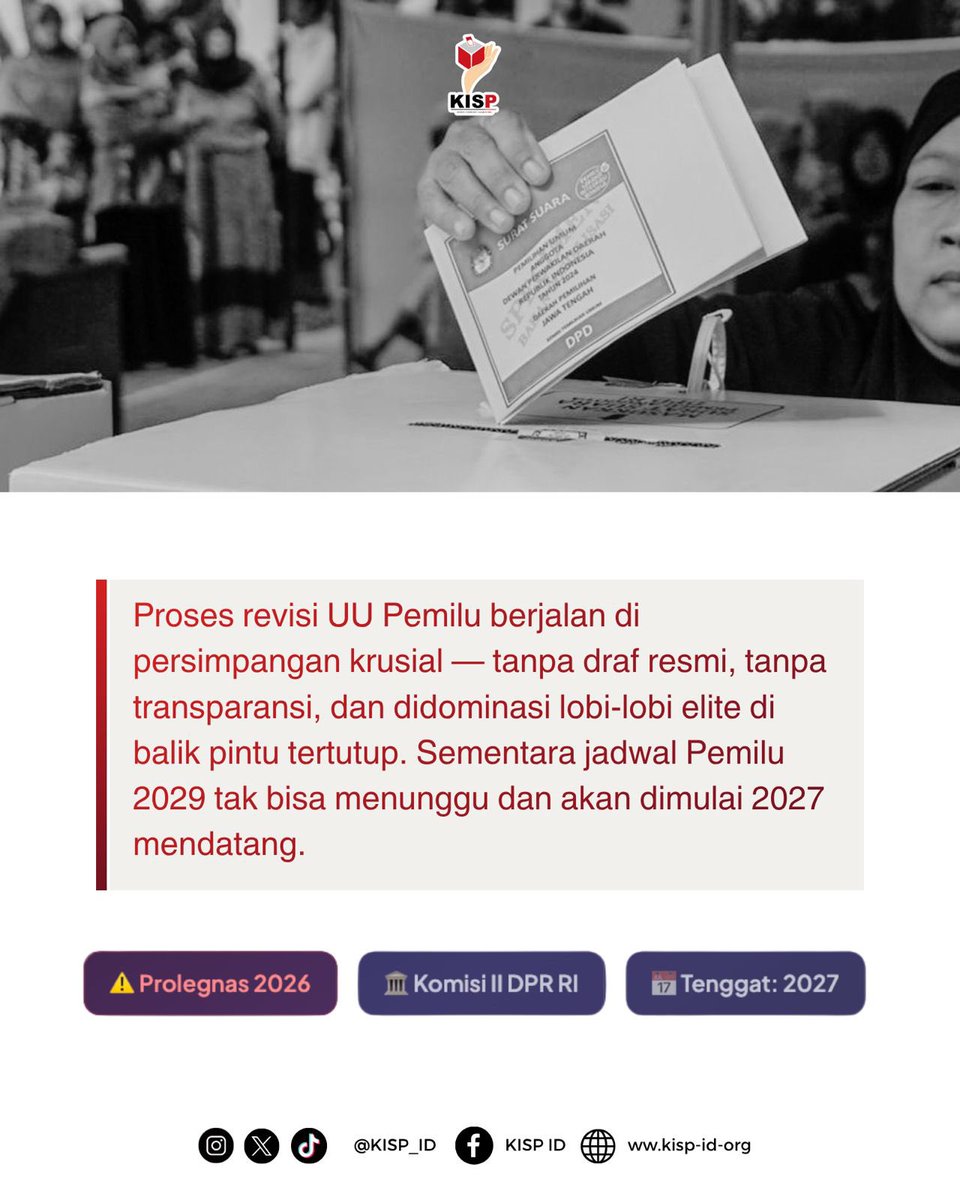 kisp_id's tweet photo. Tarik Ulur Hak Rakyat  di Revisi UU Pemilu

Oleh: Muhammad Iqbal Khatami
(Peneliti KISP)

Proses revisi UU Pemilu berjalan di persimpangan krusial — tanpa draf resmi, tanpa transparansi, dan didominasi lobi-lobi elite di balik layar. https://t.co/5mtH3CZKfL
