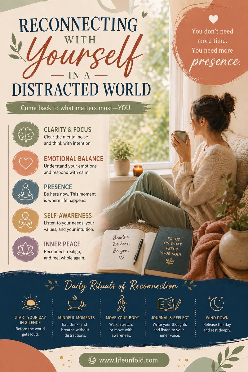 lifeUnfold1987's tweet image. In a distracted world, reconnecting with yourself is essential.

Less noise. More presence.
Less rushing. More awareness.
You don’t need more time—you need more connection.

lifeunfold.com

#Mindfulness #SelfAwareness #Wellbeing