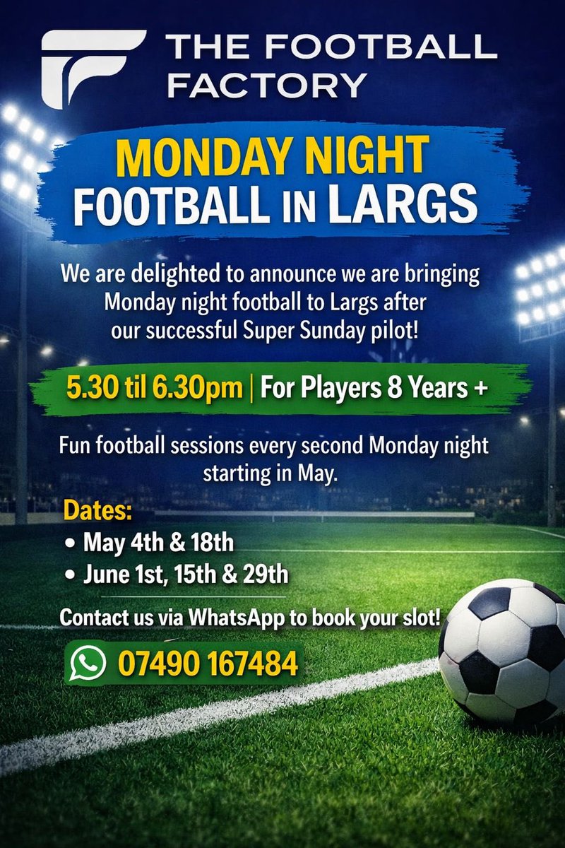 TFFScotland's tweet photo. Monday night football is now available every two weeks in Largs . Get in touch to secure a spot ⚽️ https://t.co/IH6lqki2qc