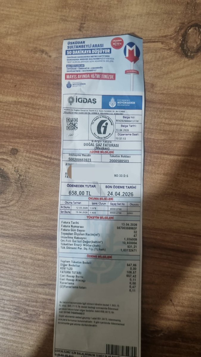 İSTANBUL
658 LİRALIK DOĞALGAZ FATURASI VAR
ÖDEYECEK DURUMU YOK BU AİLENIN
