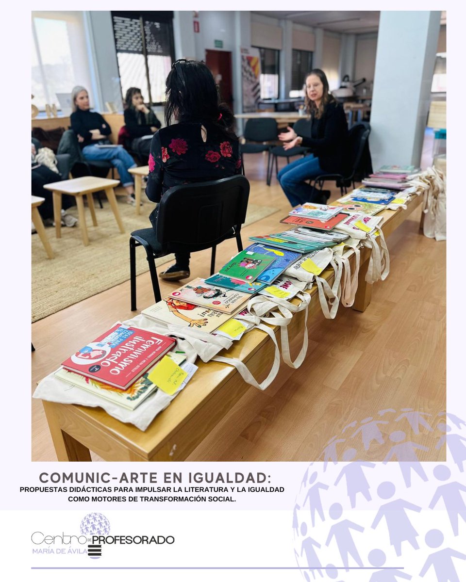 cpmariadeavila's tweet photo. ¡Impulsamos la transformación social a través de las letras!📚💜
Gran éxito de los talleres "COMUNIC-ARTE EN IGUALDAD" con María José Gale y Cristina Bartolomé para docentes de Infantil, Primaria y Secundaria.
Reserva nuestras Bolsas Viajeras con propuestas literarias en préstamo https://t.co/4gVpHp2DSx