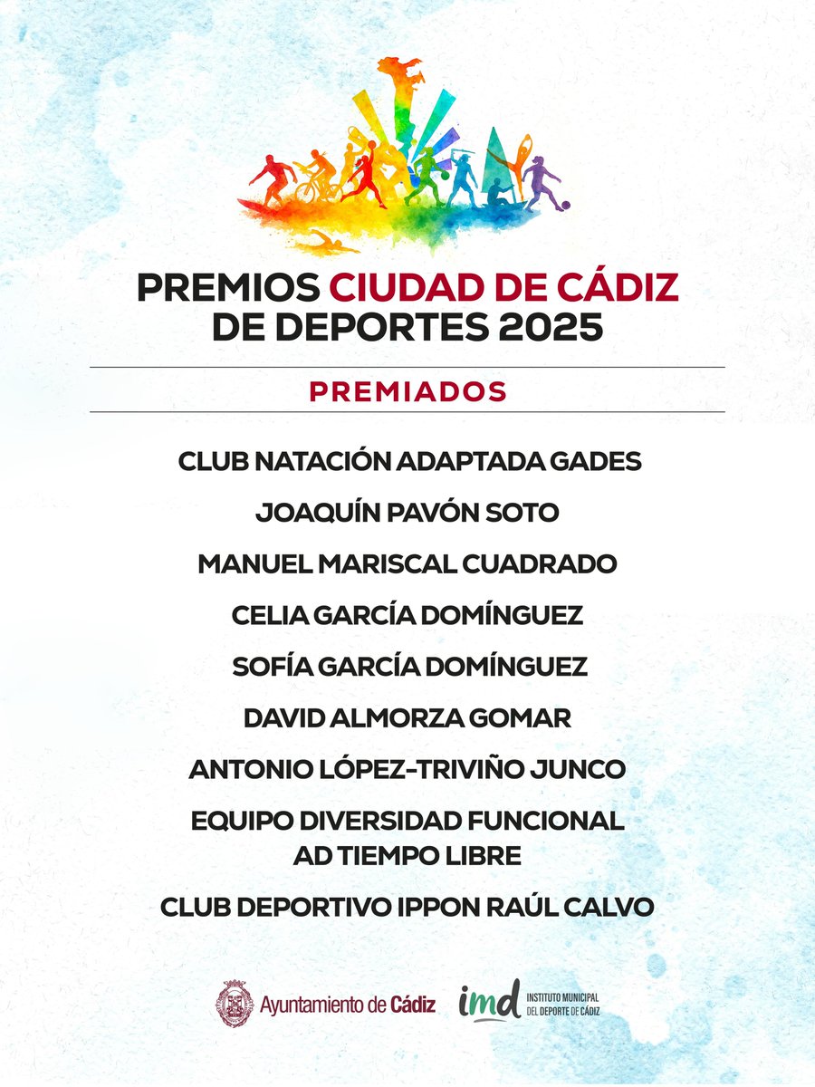 Cadiz_es's tweet photo. 🏆 Hoy martes 28 de abril se entregan los Premios Ciudad de #Cádiz de Deportes 2025

📍  En el Palacio de Congresos
⏰  A las 20 horas
📺  En directo por Onda Cadiz TV 

Estos son los premiados 👏👏 https://t.co/myQLvPClrV