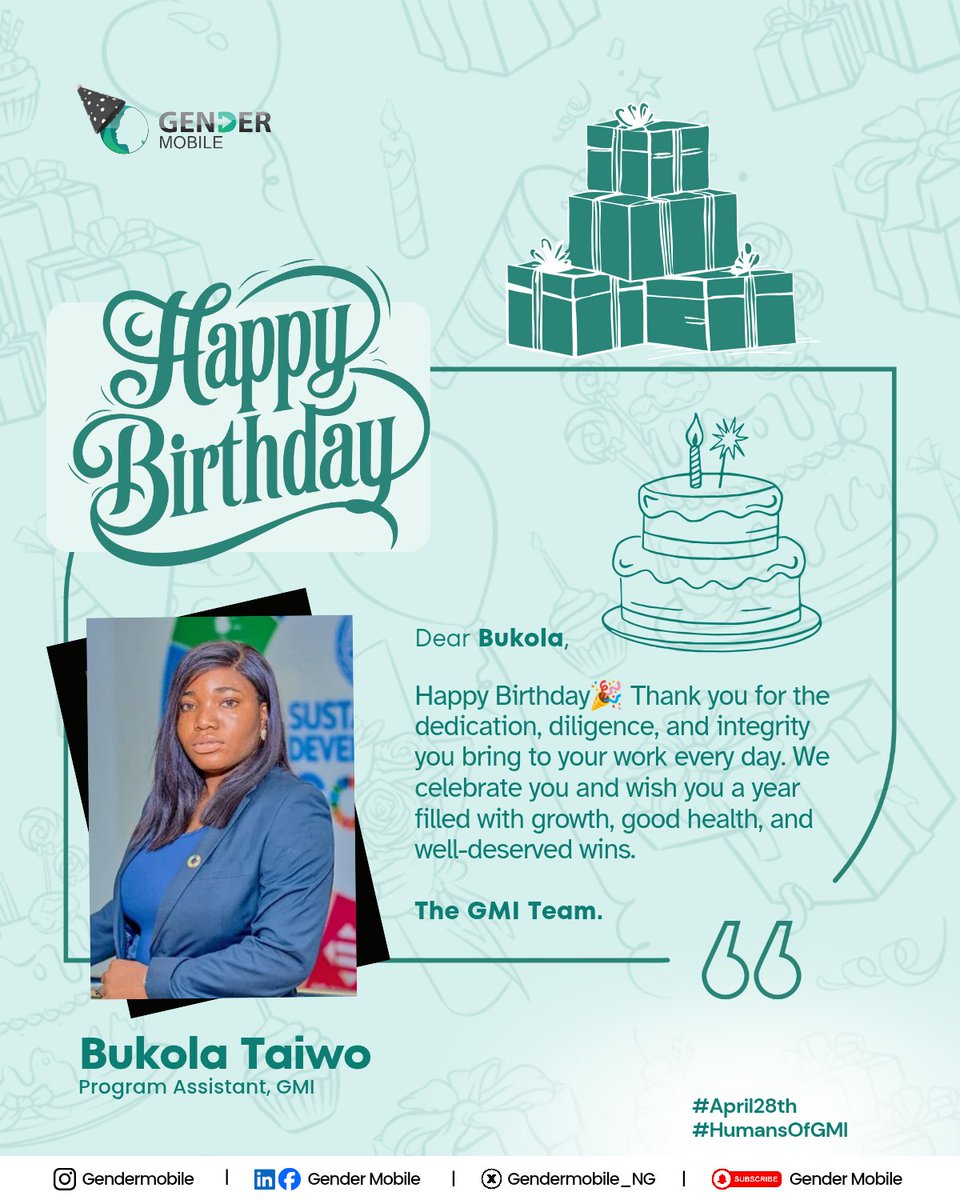 Gendermobile_NG's tweet image. Happy Birthday @thebukolataiwo , we are wishing you a year filled with joy, fulfilment and personal growth. 

#Cheers
#HumansofGMI
#April28th