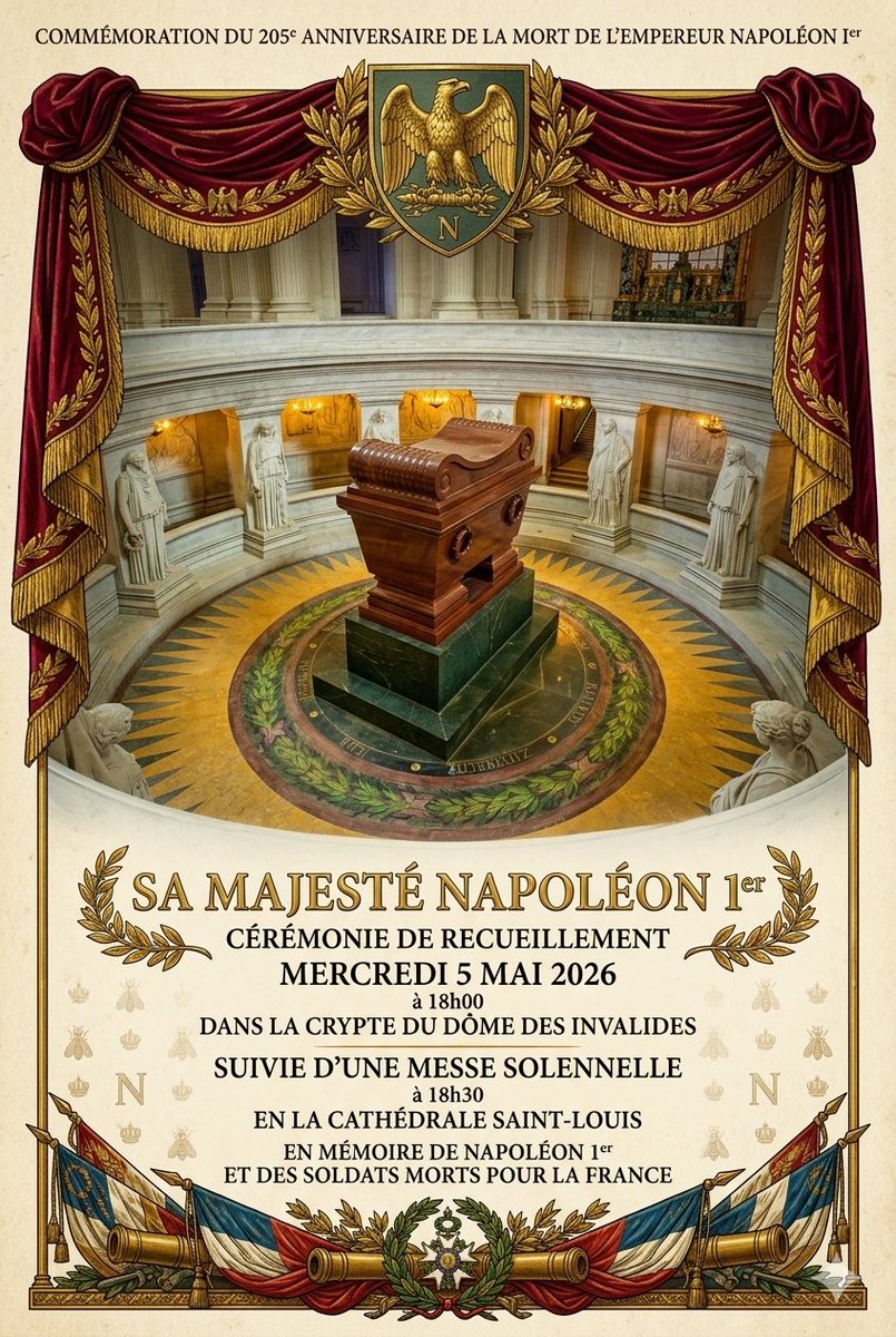 NNews47697's tweet photo. 🏵️Commémoration : Paris - Dome des Invalides - Cérémonie de dépôt de gerbes en mémoire de Napoléon Ier et des soldats morts pour la France
📅5 mai 2026
🕕18h00
⛪️Messe
🕡 18h30
📍 Cathédrale Saint-Louis des Invalides
#napoleon #ceremonie #invalides #histoiredefrance #5mai https://t.co/nizNSOjU1V