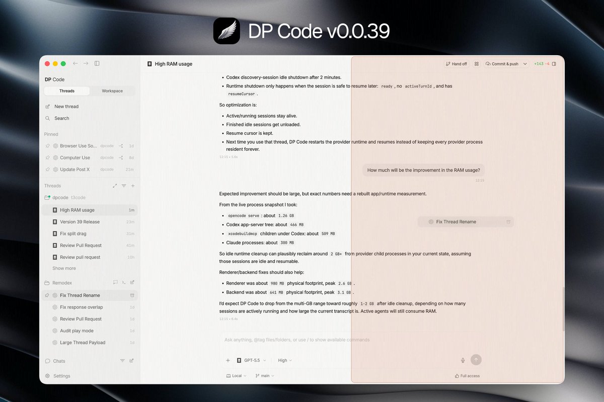 DP Code v0.0.40 is out 🪽 🌐 in-app browser bug fix 🪟 maximize split chat ...