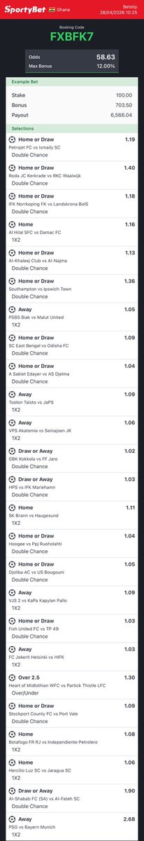 bingoodds1's tweet photo. 🔥 Mega Odds Alert!
Booking Code: FXBFK7
Total Odds: 58.63
Let’s chase this win together 💰⚽
#SportyBet #BettingTips #MegaOdds #SureOdds https://t.co/XJWDwIuDvv