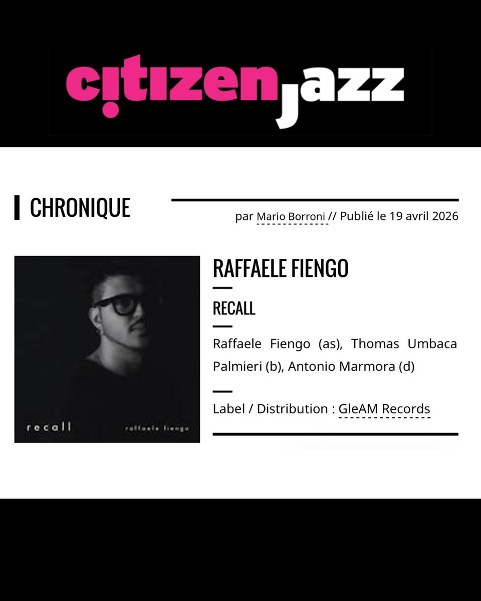 RecordsGleam's tweet photo. 🇫🇷 New review in Citizen Jazz

Mario Borroni on Recall:
“A highly original album… the purity of the alto sax sound cannot leave the listener indifferent.”

Read
https://t.co/nqGwZ8lGQn

Listen
https://t.co/AZVGSK2F1N

#Recall #CitizenJazz #JazzReview 🇫🇷 https://t.co/mO0tLtQTQg