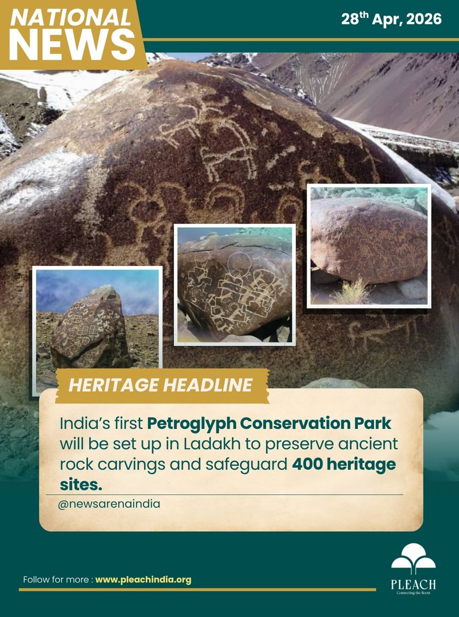Pleach_India's tweet photo. #HeritageHeadlines

India’s first Petroglyph Conservation Park will be established on the banks of the Indus River in Ladakh. A  MoU has been signed between the Department of Archives, Archaeology and Museums and the Archaeological Survey of India (ASI) to facilitate joint conservation efforts. Announced on World Heritage Day 2026.

Officials stated that nearly 400 petroglyph sites have been identified across Ladakh. Many of these sites are clustered together, while others are located in remote areas along the Indus and Zanskar river basins. Some carvings feature inscriptions in ancient Chinese, Arabic, and Sanskrit, highlighting Ladakh’s long-standing historical and cultural connections. The depiction of hunting scenes, animals such as ibex and snow leopards and Buddhist symbols like stupas, illustrating the evolution of cultural traditions over centuries.

The proposed conservation park aims to safeguard these fragile artefacts by relocating the most vulnerable pieces and preserving them in a protected, curated environment. In addition to conservation, the initiative is expected to boost cultural tourism and raise awareness of Ladakh’s rich prehistoric heritage.

@newsarenaindia
Source: https://t.co/C5YpahnKKb