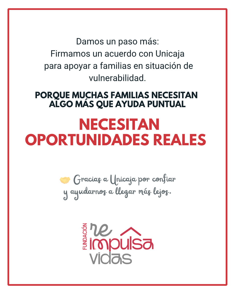 reimpulsavidas's tweet photo. Firmamos un acuerdo con @UnicajaBanco para apoyar a familias en situación de vulnerabilidad en Madrid.  

Más empleo, más estabilidad y más oportunidades para la infancia. 

Seguimos trabajando para que nadie se quede atrás💛 
#ImpactoSocial #ReimpulsaVidas https://t.co/B6YTLu8aJA