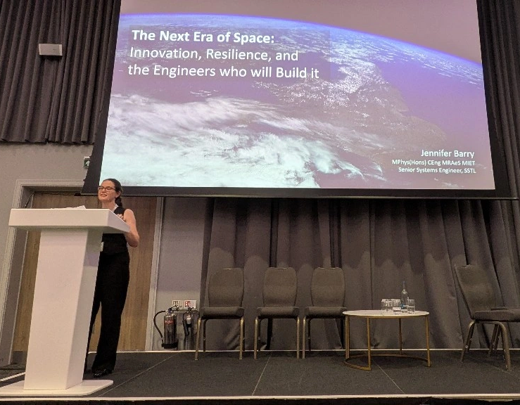 SurreySat's tweet photo. On 17 April, one of our own, Senior Systems Engineer and former WE50 winner Jennifer Barry, stood up at the Women’s Engineering Society Annual Conference to talk about the future. Great to see Jenny representing SSTL in exactly that spirit. https://t.co/MxR3YzBj4a