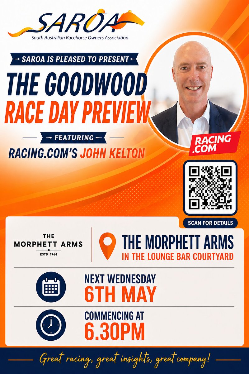 s_saroa's tweet photo. Upcoming event! Open to members + a guest. Free, places limited, bookings essential. See you there! #GoodwoodDay #saroa #horseracing @Morphett_Arms @eaglepunt https://t.co/ATlQprzW0k