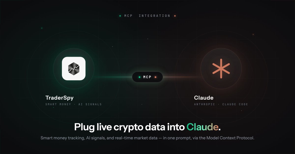 traderspyapp's tweet photo. Plugged Claude into a live crypto data feed.

Smart money positions, AI signals, real-time prices, candles, and 13 technical indicators — all queryable in plain English via MCP. Two commands to install, OAuth login, no API keys.

Claude Code + ChatGPT.

Full guide:
https://t.co/fgknQb717I