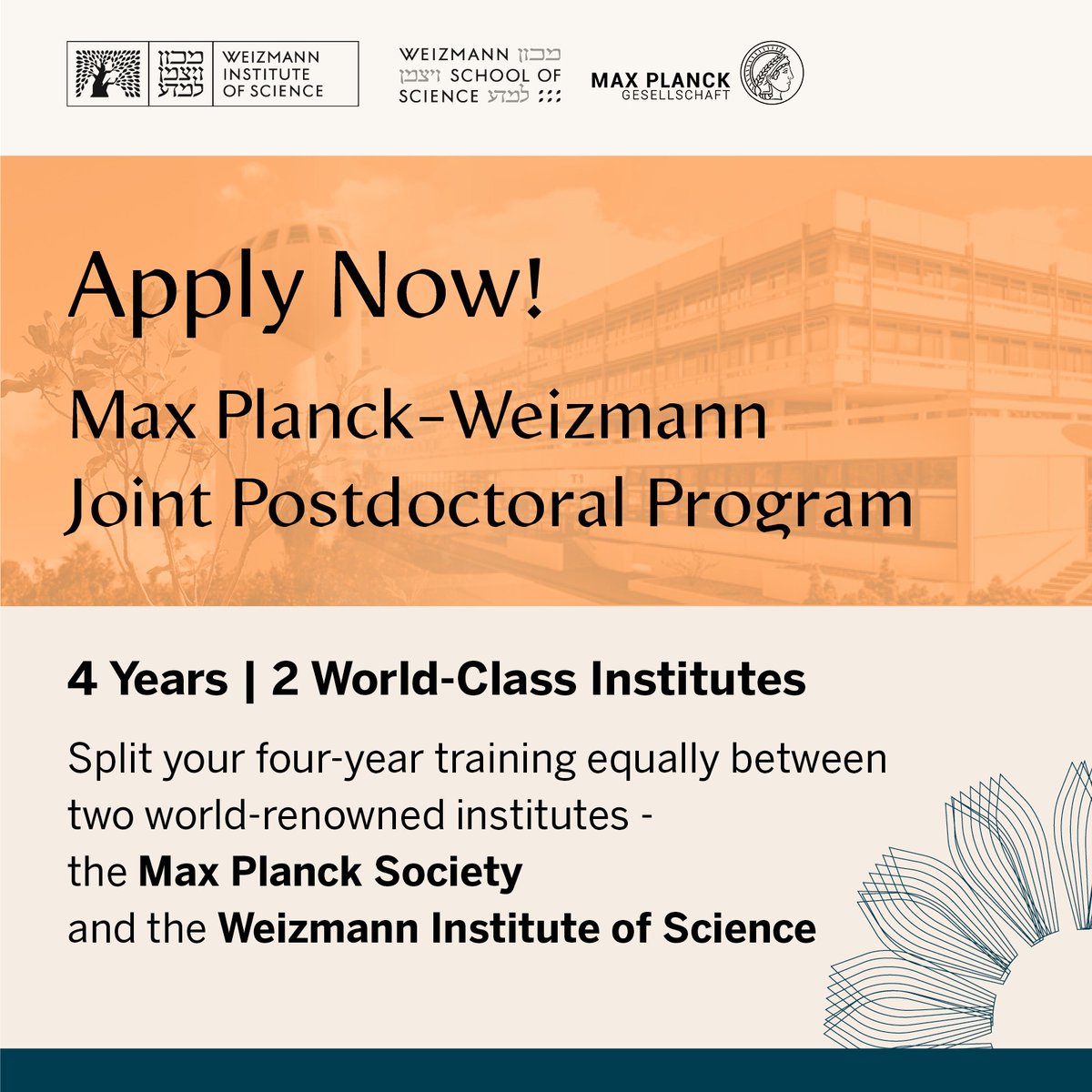 WeizmannScience's tweet photo. Apply Now to the Max Planck-Weizmann Joint Postdoctoral Program in the fields of:

• Life Sciences • Chemistry • Physics • Earth Science • Math • Computer Science 

Includes a fully funded four-year position, split equally between the two institutions >>