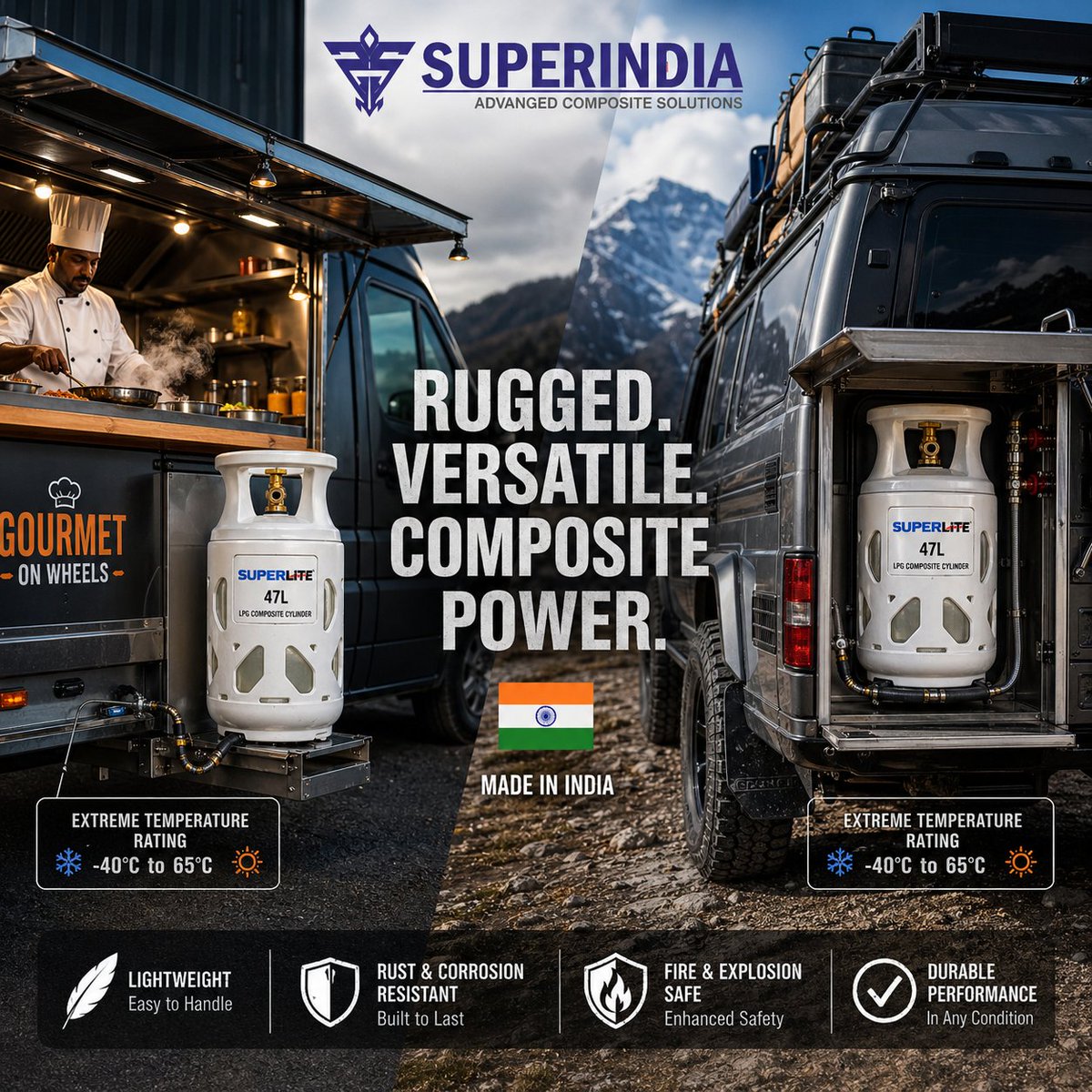Superindia6826's tweet image. Built for tough environments. Lightweight, safe and durable LPG Composite Cylinder.
.
#SuperIndia #LPGCylinder #MadeInIndia