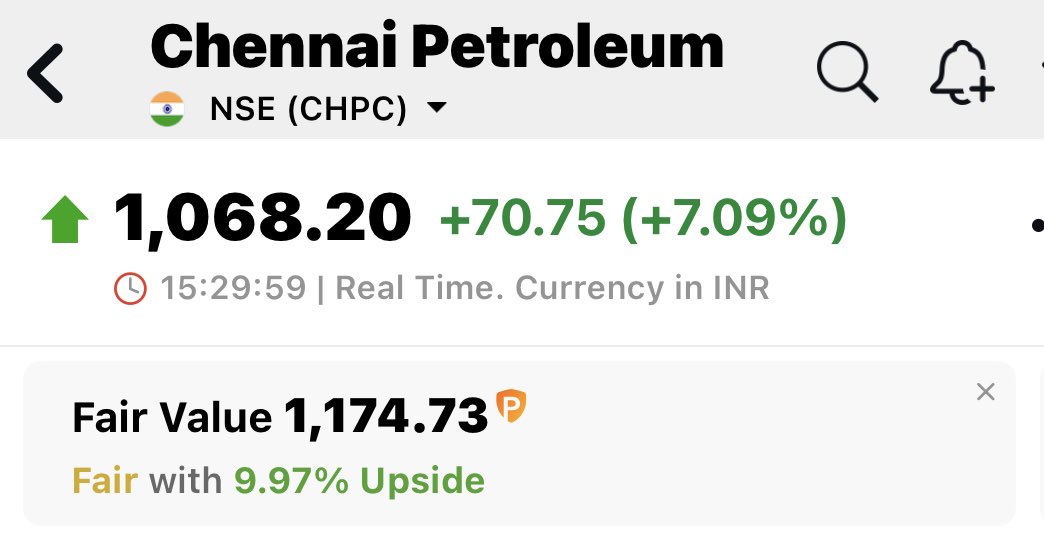 ritikgpt22's tweet image. List of 6 #stocks (TOP GAINERS TODAY) with their Fair Values

1/ Chennai Petroleum #chennpetro