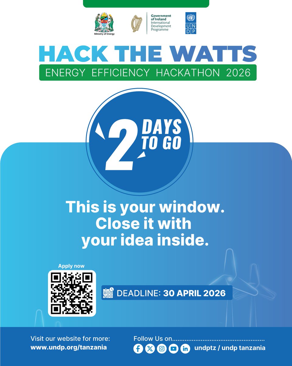 undptz's tweet image. Ready to solve real energy challenges?
We’re looking for practical solutions in energy efficiency  from smart systems to better buildings and beyond.
Bring your ideas. Test them. Build something that works.
🔗 Apply today: forms.office.com/e/RW2WRJCu8k
#EnergyEfficiency #HackTheWatts