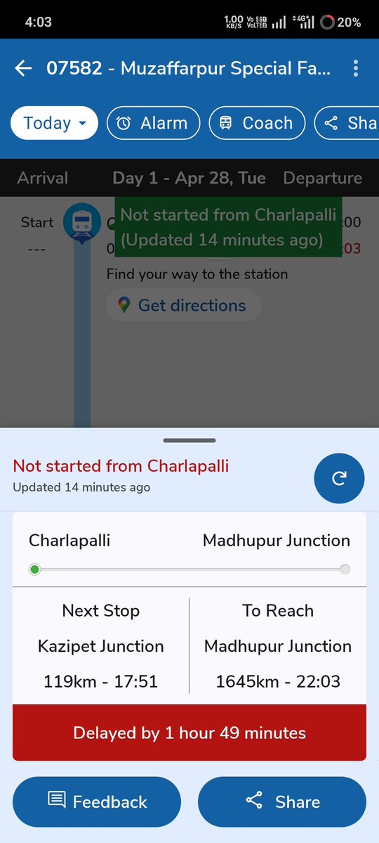 kumar_sonu39071's tweet image. Train 07582 (Charlapalli to Muzaffarpur) is delayed by nearly 2 hours before even departing the start station. Any updates on the actual departure time? @RailMinIndia @drmsecunderabad @Central_Railway 🚉 #RailwayHelp #IndianRailways