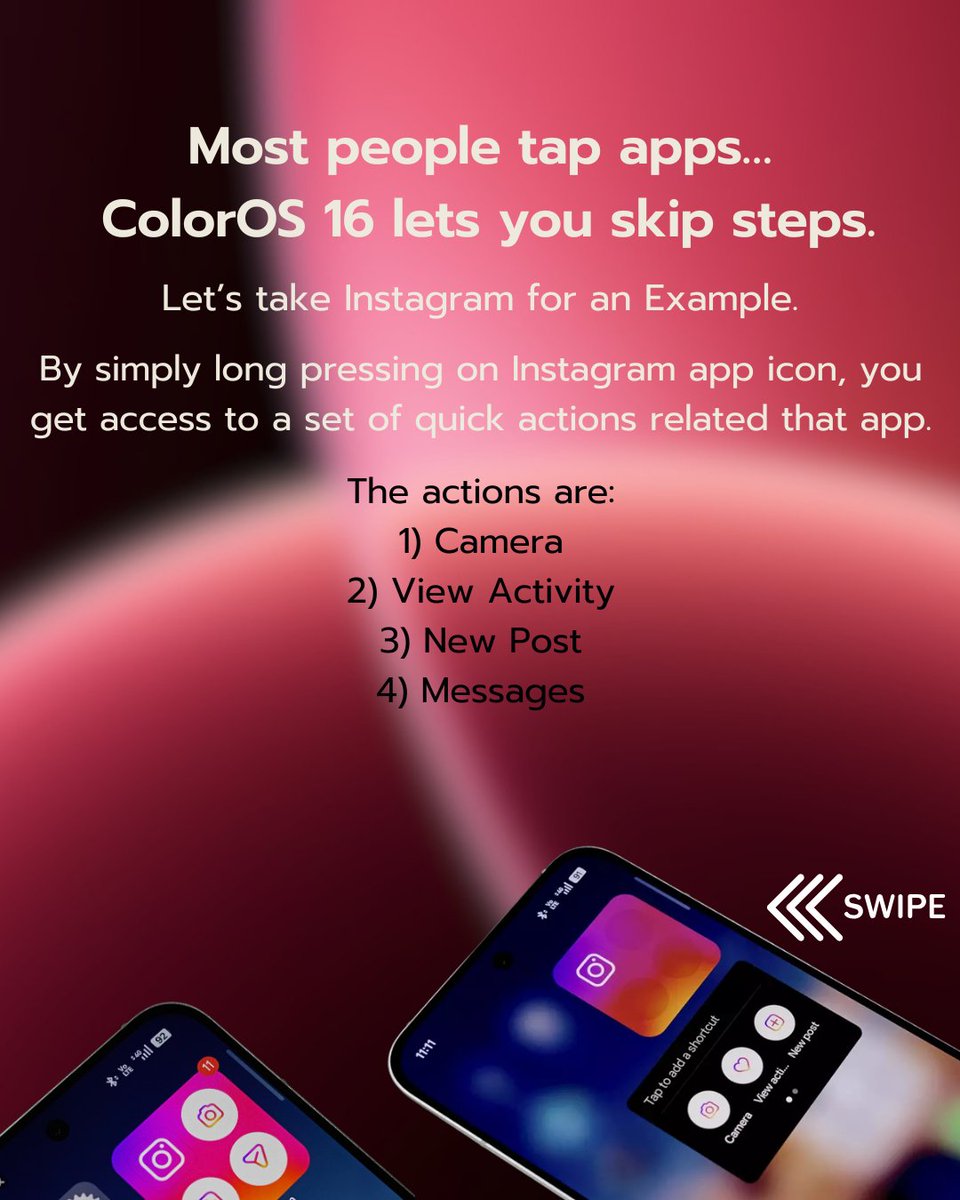 Iamhasannaqvi's tweet photo. Been exploring hidden shortcuts on the OPPO Reno15 and this one is genuinely useful.
ColorOS 16 lets you turn app icons into quick-action widgets — especially the Instagram shortcuts, which I’ve been using a lot.
#ColorOS16 #ColorOS #OPPO
@oppo https://t.co/pL0PZbWUUj