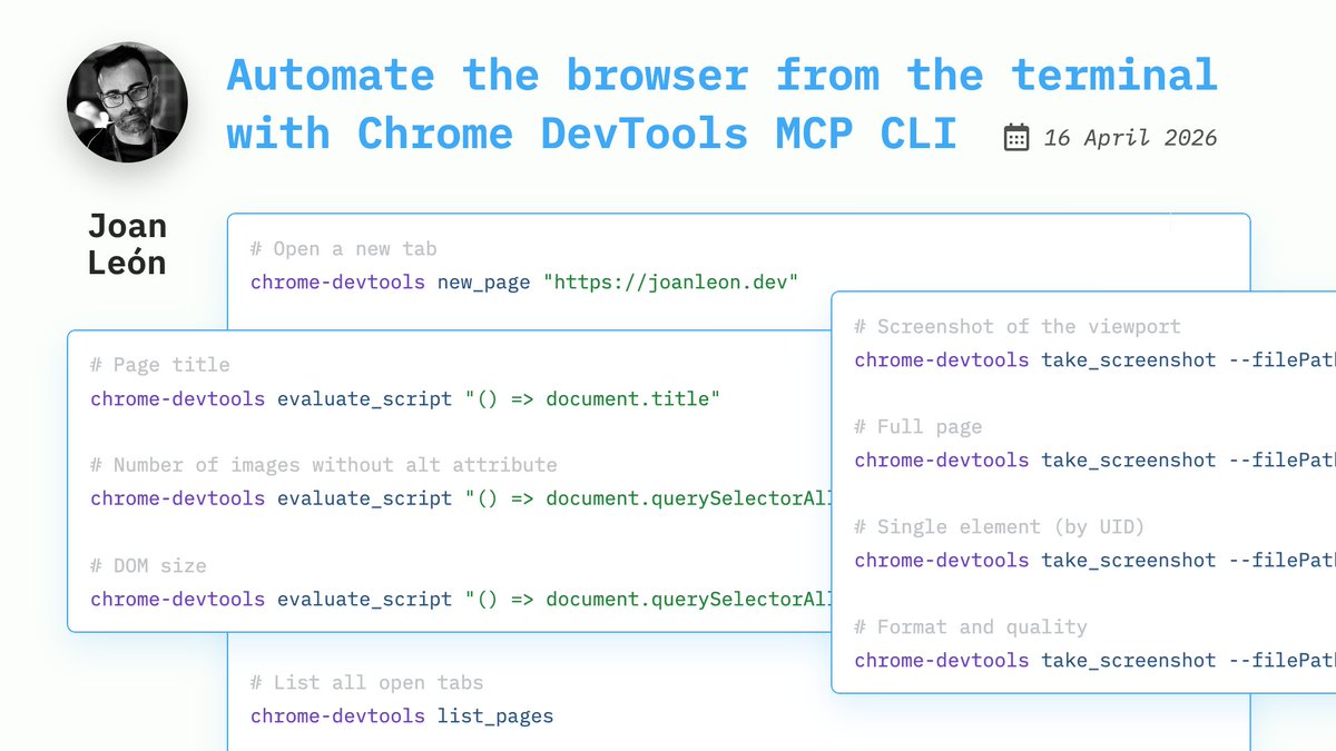 webstandards_ru's tweet image. Автоматизация браузера из терминала с Chrome DevTools MCP CLI. Джоан Леон делает обзор CLI, которая управляет Chrome через консоль — с постоянным демоном для навигации, скриншотов, Lighthouse и трейсинга Core Web Vitals. #devtools #tools

joanleon.dev/en/chrome-devt…