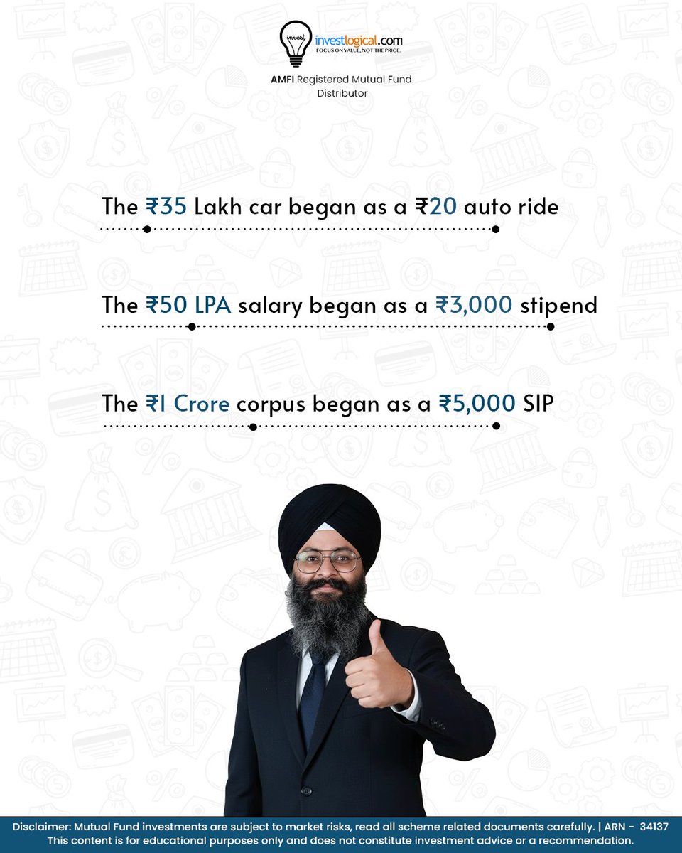 amindersingh01's tweet photo. Big outcomes rarely start big—consistent small steps, taken early, create life-changing results.

DM us to reveiw your requirement.

#StartSmall #SIPJourney #PowerOfCompounding #WealthCreation #FinancialDiscipline #InvestingHabits #MutualFunds #InvestLogical #financialplanning https://t.co/7lNKn6huBz