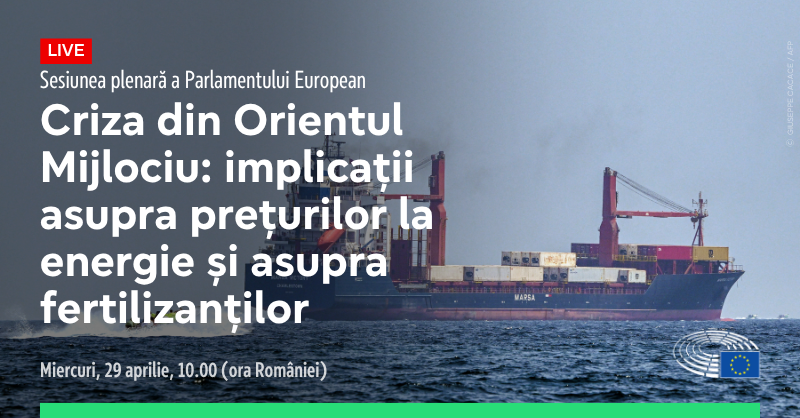 În această dimineață, deputații europeni, Consiliul și Comisia vor discuta despre răspunsul UE în fața crizei actuale din Orientul Mijlociu și implicațiile acesteia asupra prețurilor la energie.

Urmăriți sesiunea plenară live ➡️tinyurl.com/sesiuneplenara