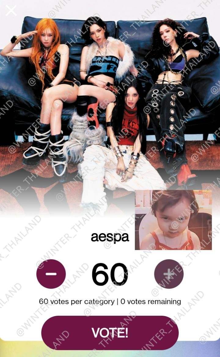 กลับมาอีกครั้ง พิโหวตแน้ว มายโหวตหรือยัง เอสป้ามีรายชื่อเข้าชิง ‘Best Female K-POP Artist’ ในงาน American Music Awards #AMAs 🔥

วันนี้เป็น Turbo Voting คะแนนโหวต x2 เป็น 60 โหวต/อีเมล มายไปโหวตเอสป้ากัน 💪

🔗 vote.theamas.com/best-female-k-…

#วันนี้คุณโหวตให้aespaรึยัง