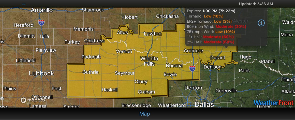 TxStormChasers's tweet photo. 5:36 AM CDT — A Severe Thunderstorm Watch is in effect for portions of Northwest Texas and Texoma until 1 PM.

This includes areas near Wichita Falls, Vernon, Seymour, Haskell, Graham, Bowie, Nocona, Gainesville.

Large hail is the main concern, with hail over 2 inches possible in the strongest storms. Damaging winds over 60 MPH are also on the table. Storms from West Texas will move northeast this morning.

Track radar here: https://t.co/ZZQhbx5wWG