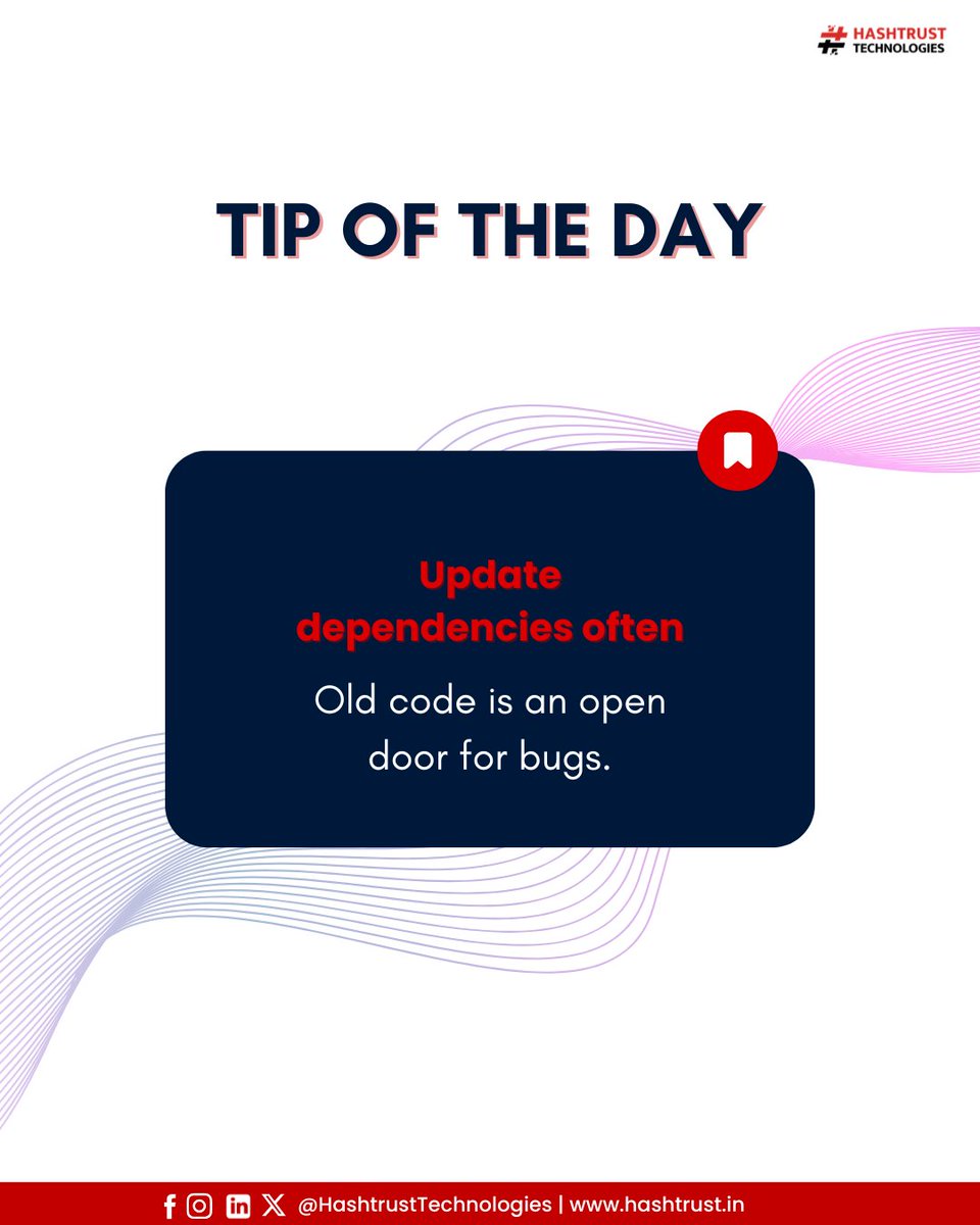 HashtrustT's tweet photo. 💡Tuesday Tip: Keep dependencies fresh.
Outdated code is a bug magnet.

 #TuesdayTip #SecureCoding #Hashtrust https://t.co/nqBMvYvTcn