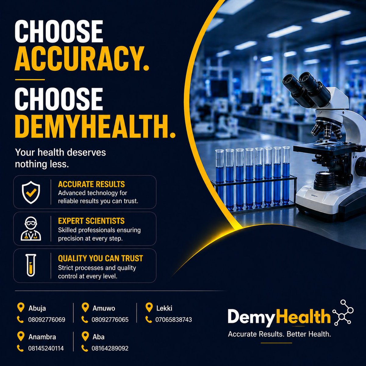 DEMYHEALTH's tweet image. Not all lab results are equal.

Accuracy = Technology + Expertise + Quality control.

Choose wisely. Choose DemyHealth.

📍 Abuja | Amuwo | Lekki | Anambra | Aba
#DemyHealth #Diagnostics #Healthcare