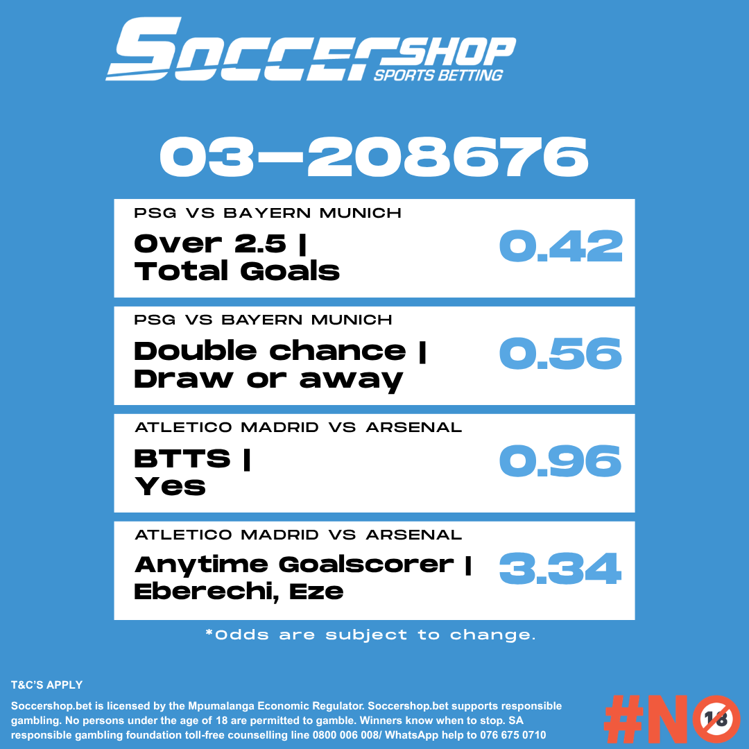 SoccerShopSA's tweet image. Soccershop's Champions League Semi-final Picks!⚽

Use betslip code 03-208676 and lock in your bet today🔥
soccershop.bet/sports?bookedB…

Bet Responsibly | Ts &amp;amp; Cs Apply | 18+ Only
#betslip #promocode #bet #derby