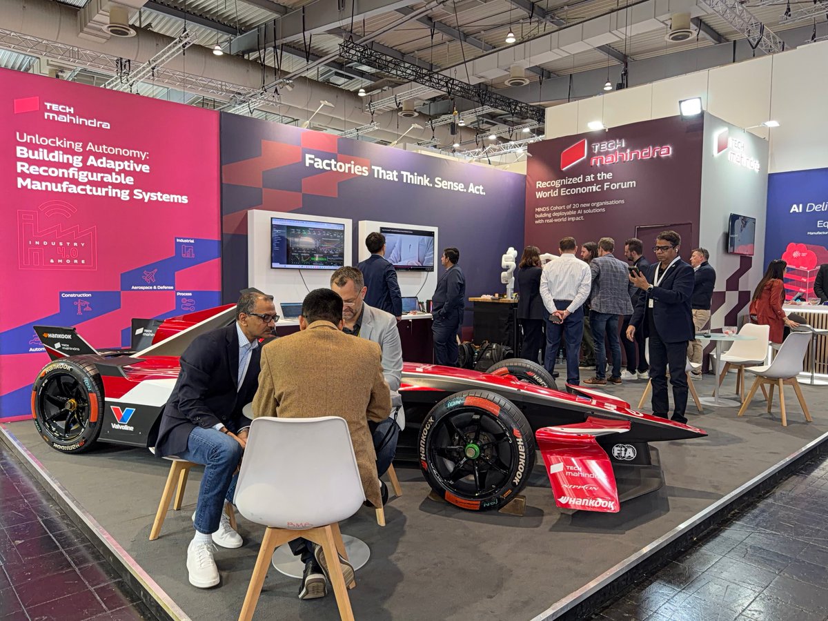 tech_mahindra's tweet image. At Hannover Messe 2026, Tech Mahindra brought its vision of adaptive #manufacturing to life by showcasing how smart factory solutions, industrial #AI, and #DigitalTwins can unlock Scale at Speed.

At the heart of this experience stood the @MahindraRacing GEN3 Evo.

From the