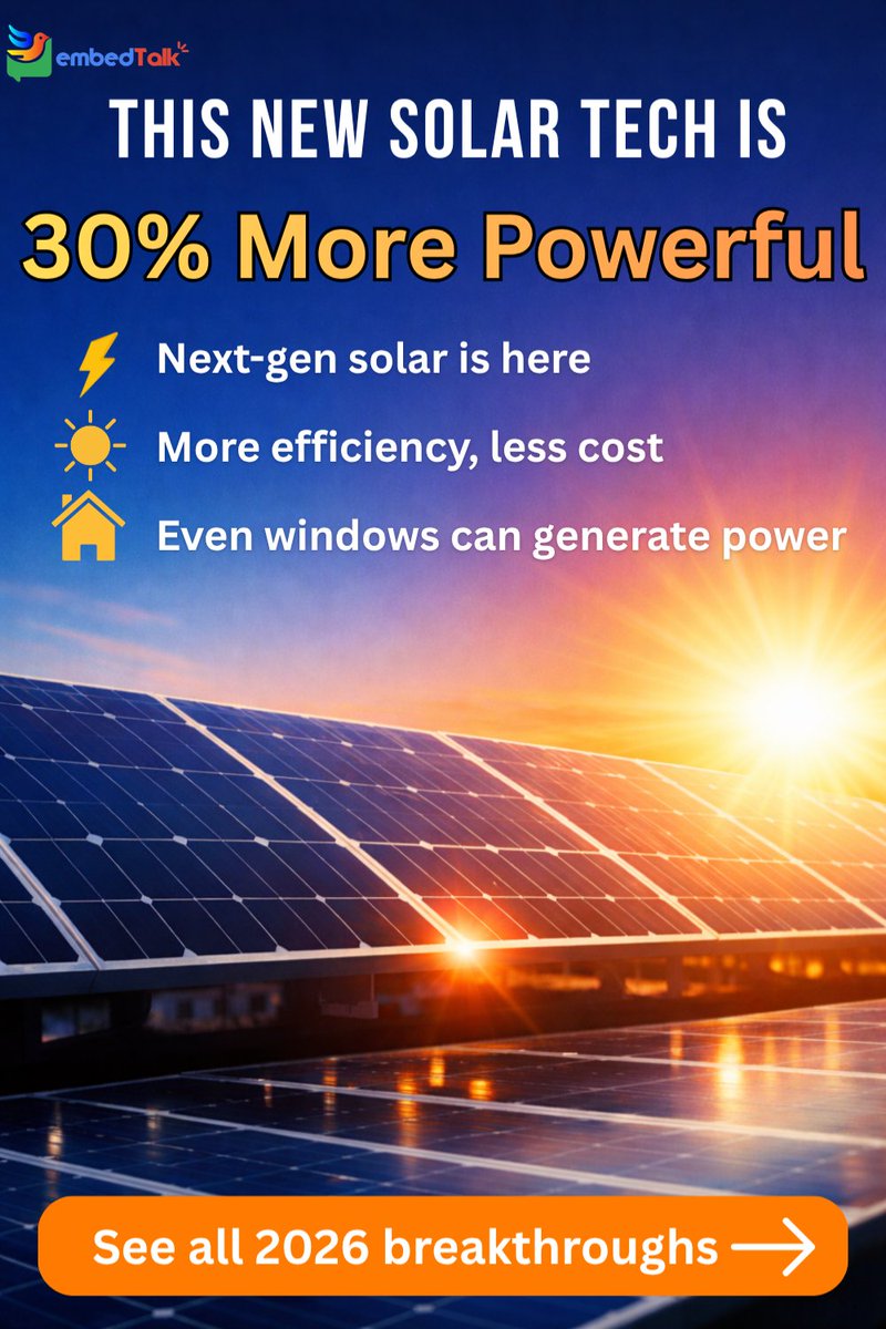 embedTalk's tweet image. Solar just got a major upgrade ☀️⚡ 30% more power, lower costs, and even your windows can generate energy. The future is already here 👀
embedtalk.com/top-renewable-…

#SolarEnergy #CleanTech #Renewables #Innovation