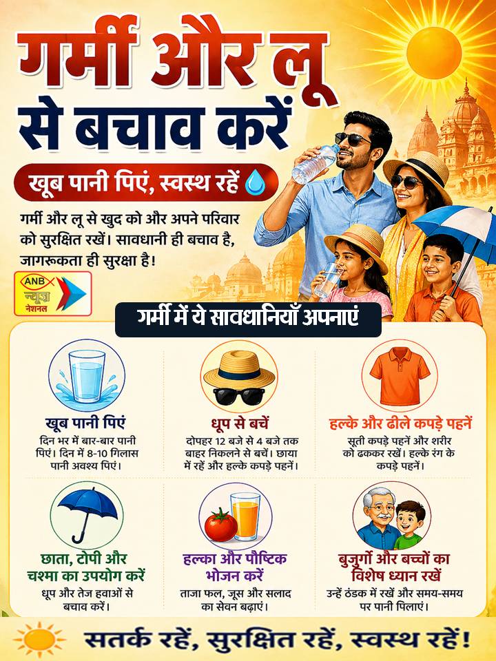 गर्मी और लू से बचाव के तरीके 
#HeatWaveSafety #SummerSafety #BeatTheHeat #StayHydrated #HeatStrokePrevention #SunProtection #DrinkMoreWater #HealthySummer #WeatherAlert #HeatPrecautions #AnbNews