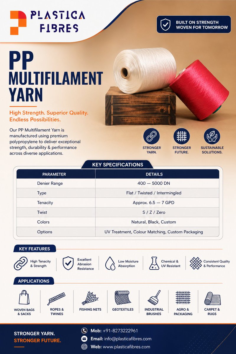 vashankur's tweet image. Engineered for Strength. Designed for Performance.
Our PP Multifilament Yarn delivers high tenacity, excellent abrasion resistance, and consistent quality.
#PPMultifilamentYarn #HighStrengthYarn #IndustrialSolutions #PackagingIndustry #Geotextiles #RopesAndTwines #AgroPackaging