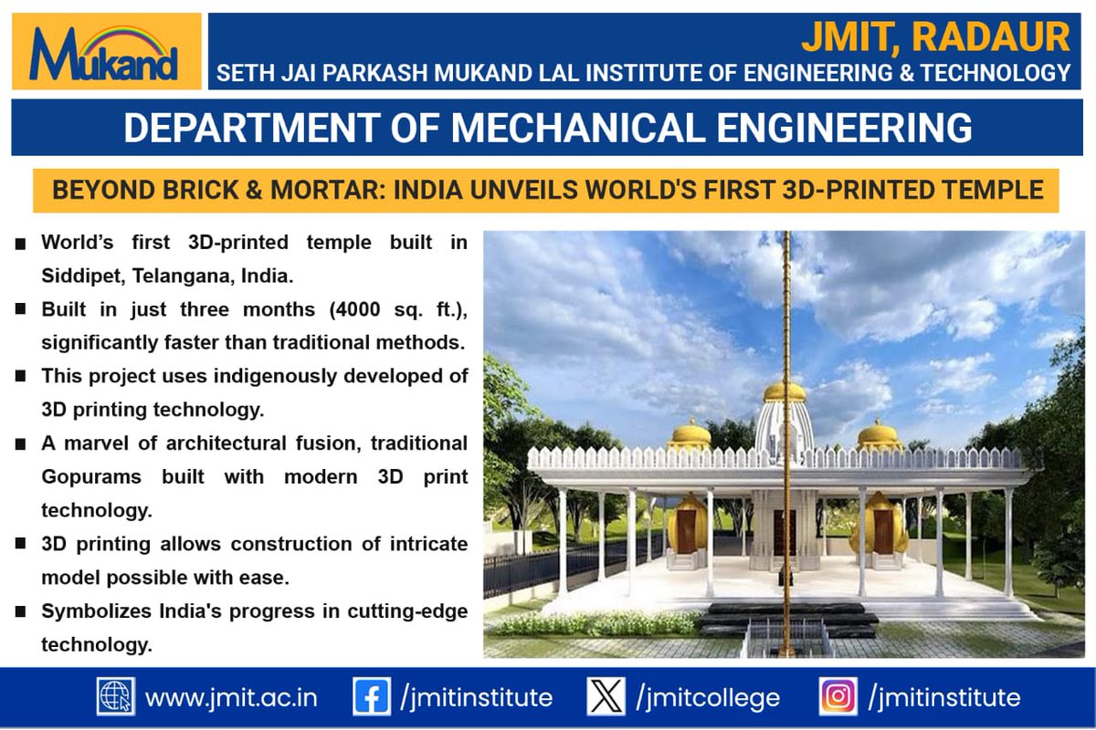 JmitCollege's tweet image. Engineering innovation meets tradition.
India’s first 3D-printed temple showcases the power of modern technology in transforming construction.
At JMIT, Radaur, students explore such real-world advancements every day.
#JMITRadaur #MechanicalEngineering #3DPrinting #Innovation