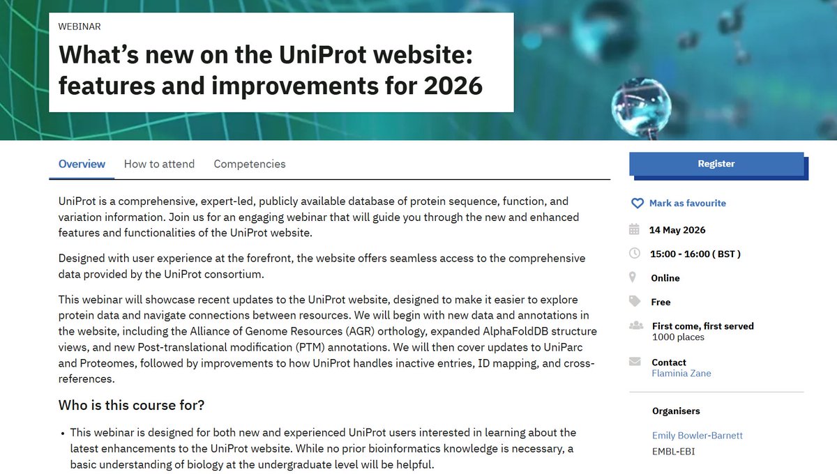 uniprot's tweet photo. New UniProt Webinar – Join us to find out what’s new on the UniProt website.

What’s new on the UniProt website: features and improvements for 2026
15.00 (BST) Thursday 14th May.
Registration is free but essential: https://t.co/fLVdz0Uhmf https://t.co/8XZ4GyohaY
